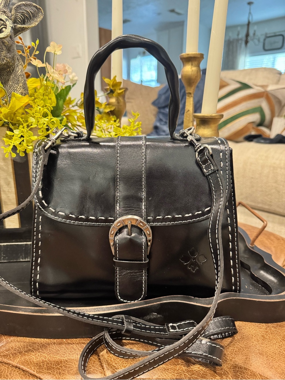 Patricia Nash Black Leather Crossbody Satchel with White Stitching